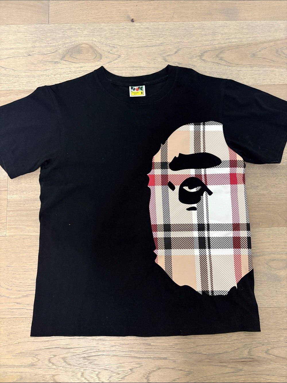 Bape Black Tee with Beige & Red Plaid Ape Head